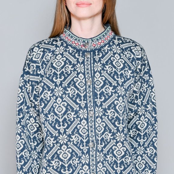 DALE OF NORWAY Wool Blue & White Knit Cardigan - Picture 2 of 9